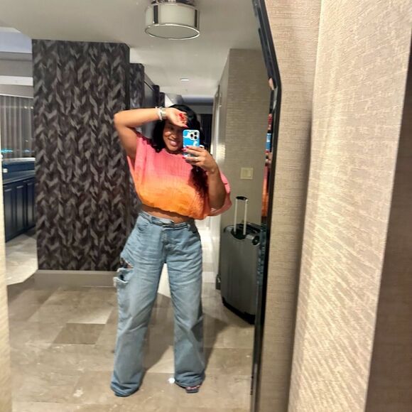 AKIRA Pink and Orange Pleated Crop Top - Picture 3 of 3